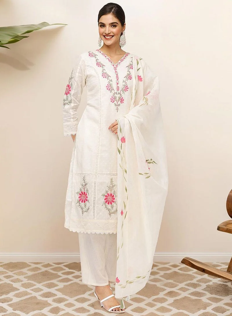ISHIN  Women's Off White 100% Cotton Embellished Tunic Full Length Casual Straight Fit Kurta Set for Women | Best Price UAE
